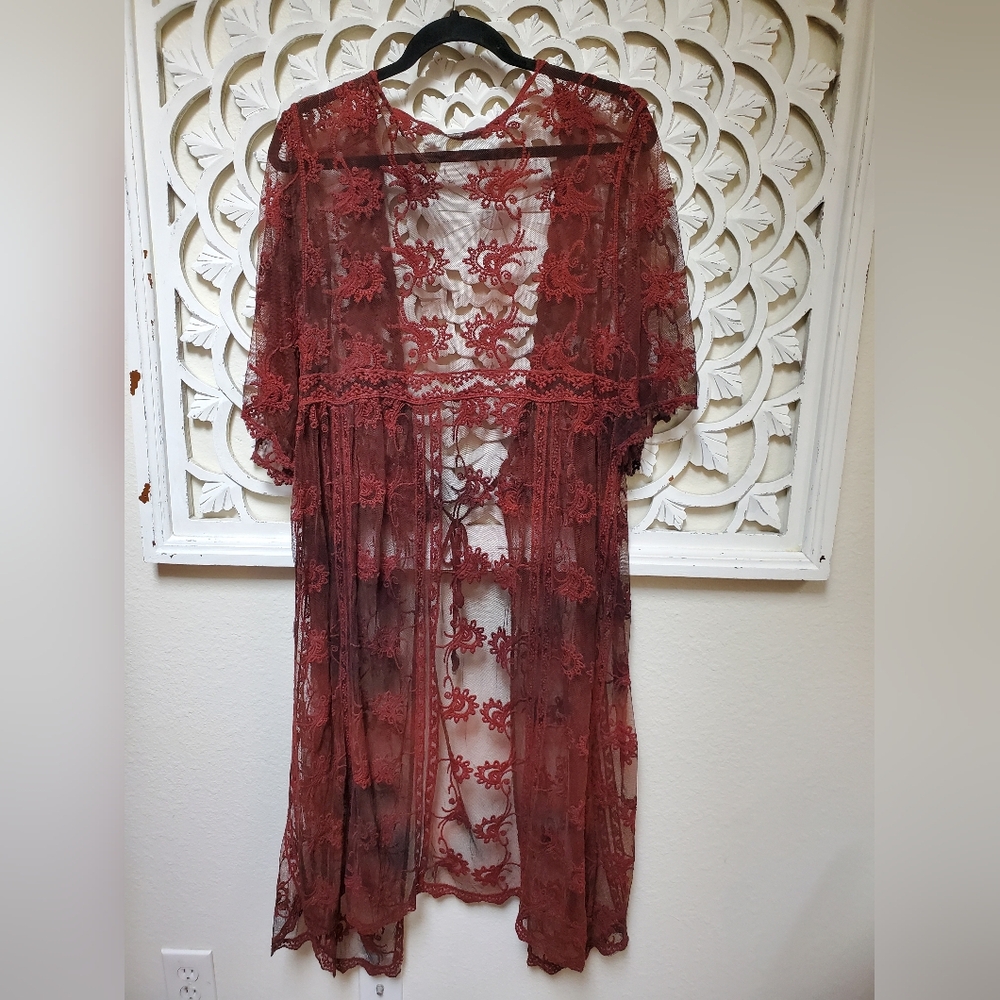 Overdyed Upcycled Floral Lace Duster Kimono Size 1X - Picture 7 of 10